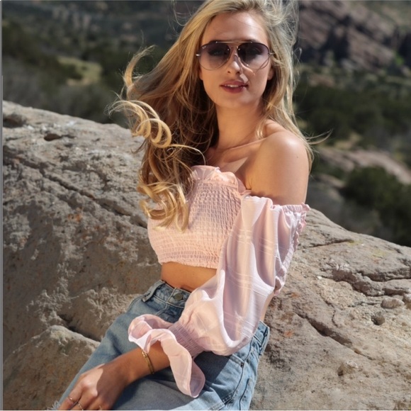 LPA Off The Shoulder Smocked Crop Top Pale Pink - Picture 3 of 16